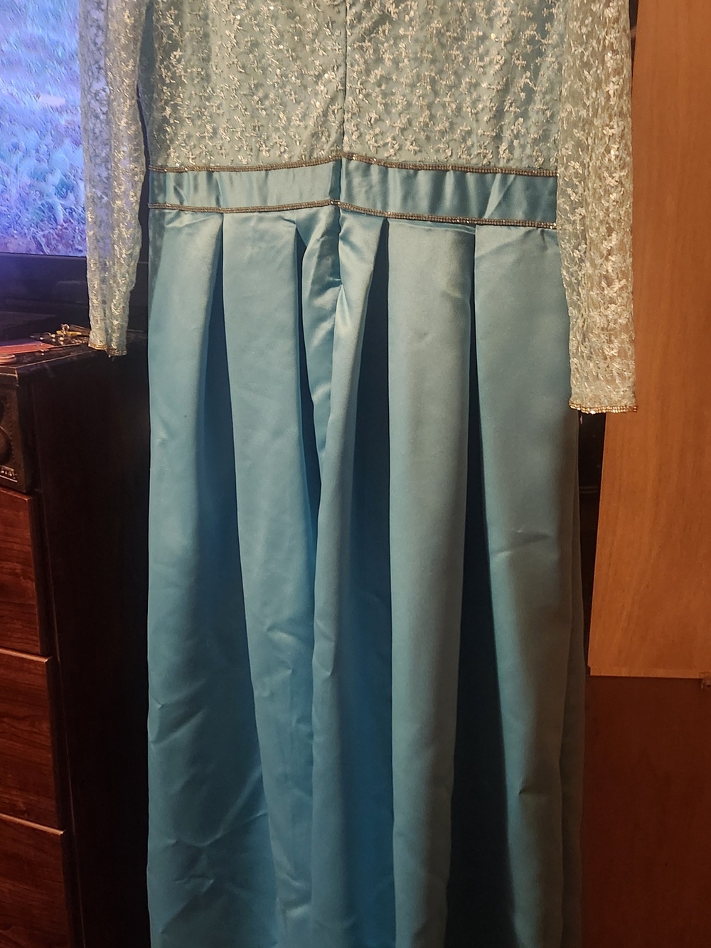 Womens Light Blue Lace Bodice Pleated Satin Skirt Dress